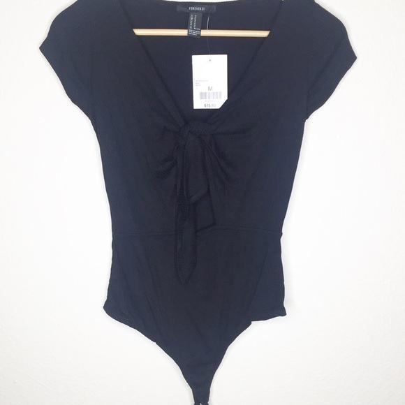 Forever 21 Tops - NWT Forever 21 Ribbed Tie Front Black Bodysuit